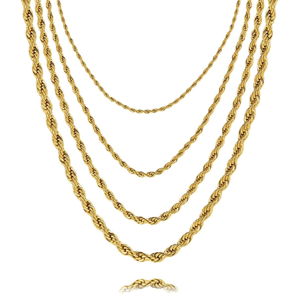 Gold-tone rope chains in four widths on white