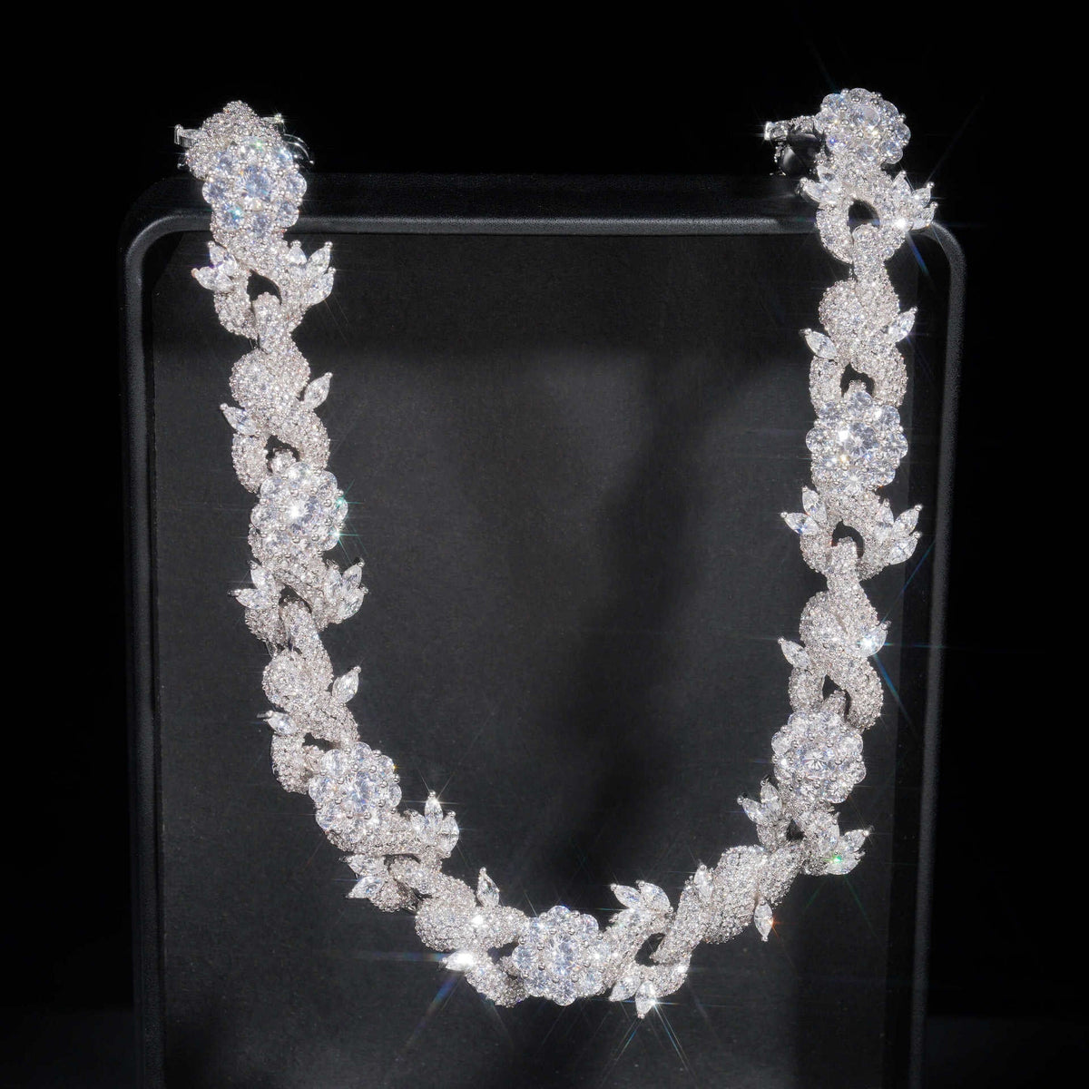 Front view of the 15mm silver iced flower Cuban chain