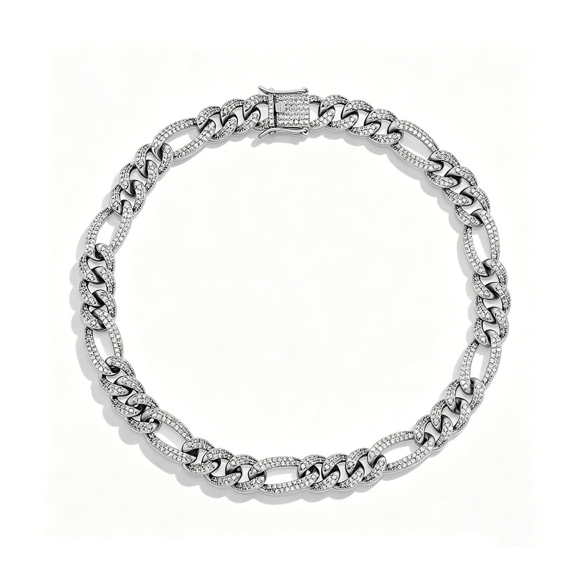Silver 10mm iced Figaro bracelet on a white background