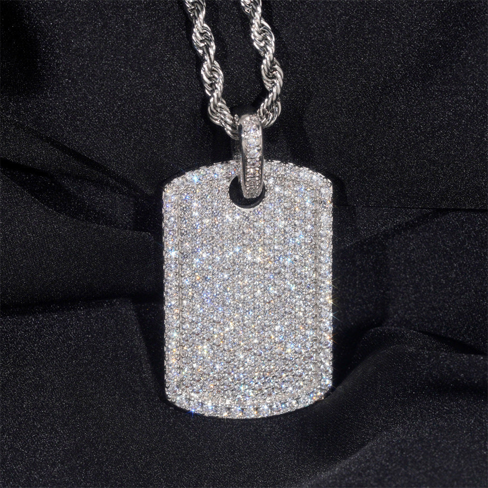 Rectangular iced dog tag pendant in a silver-tone finish