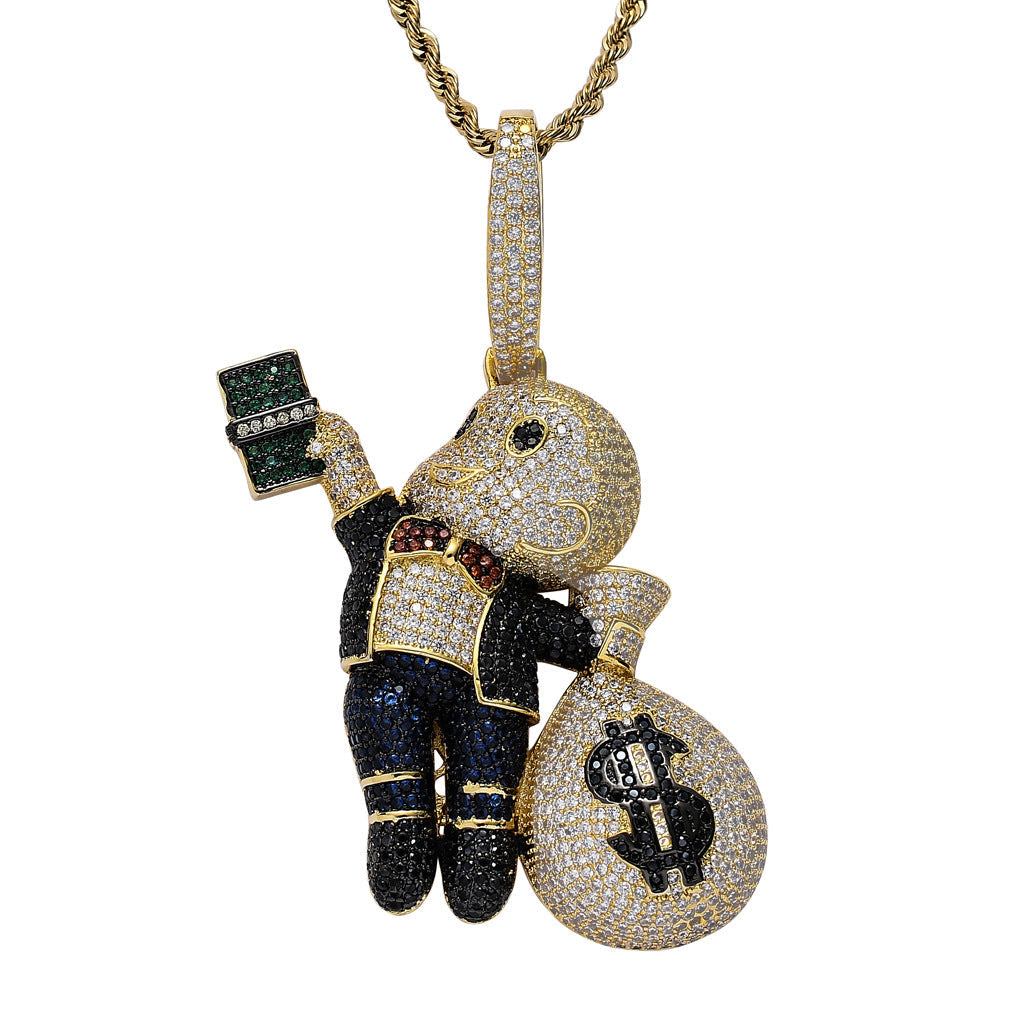 Iced money bag pendant in a multicolor gold finish