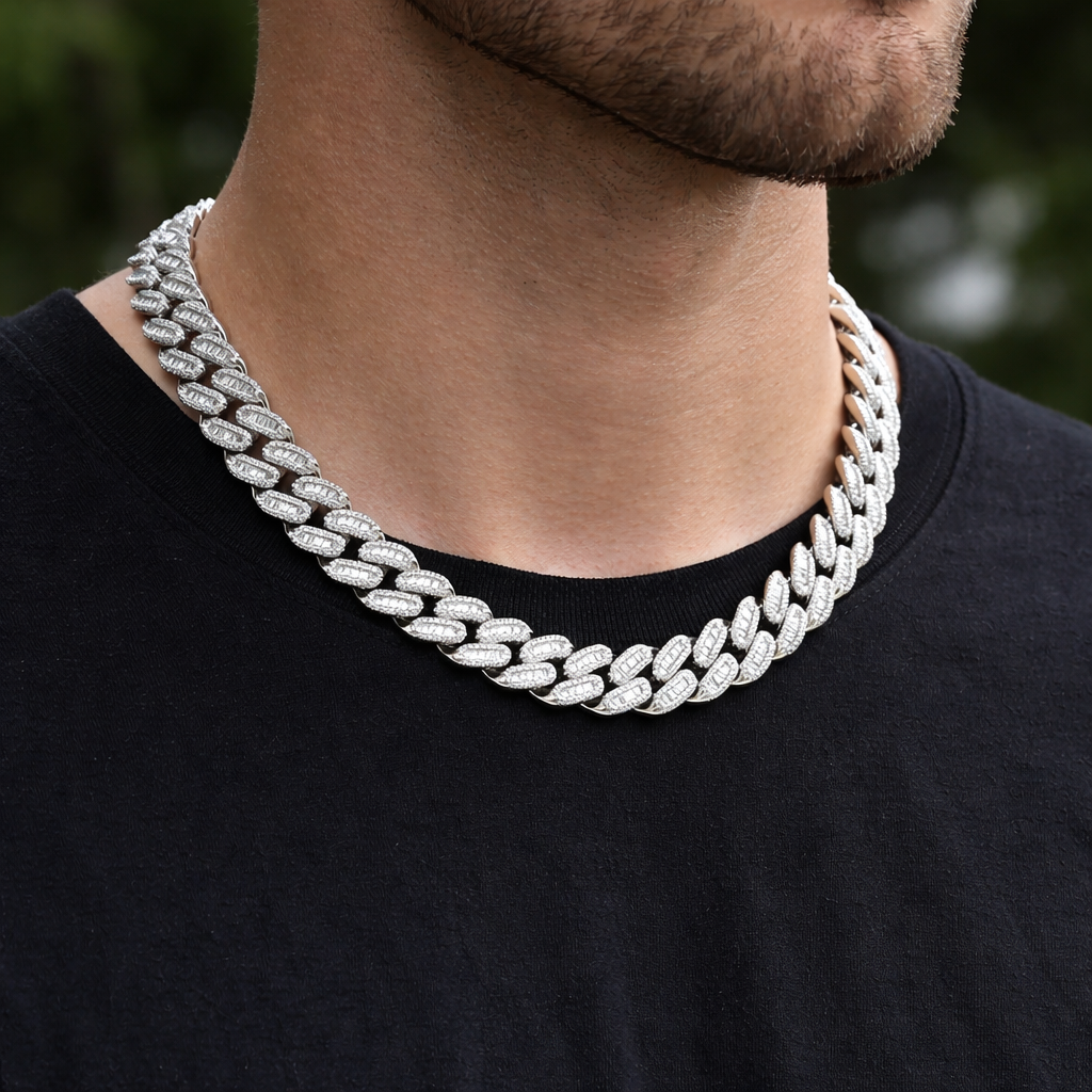 Two silver-tone iced Cuban chains worn together