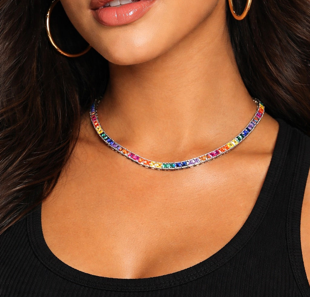 Rainbow square-cut tennis chain in a silver-tone setting