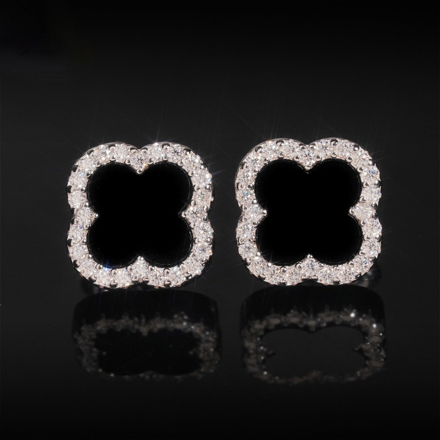 Moissanite clover stud earrings with black onyx centers
