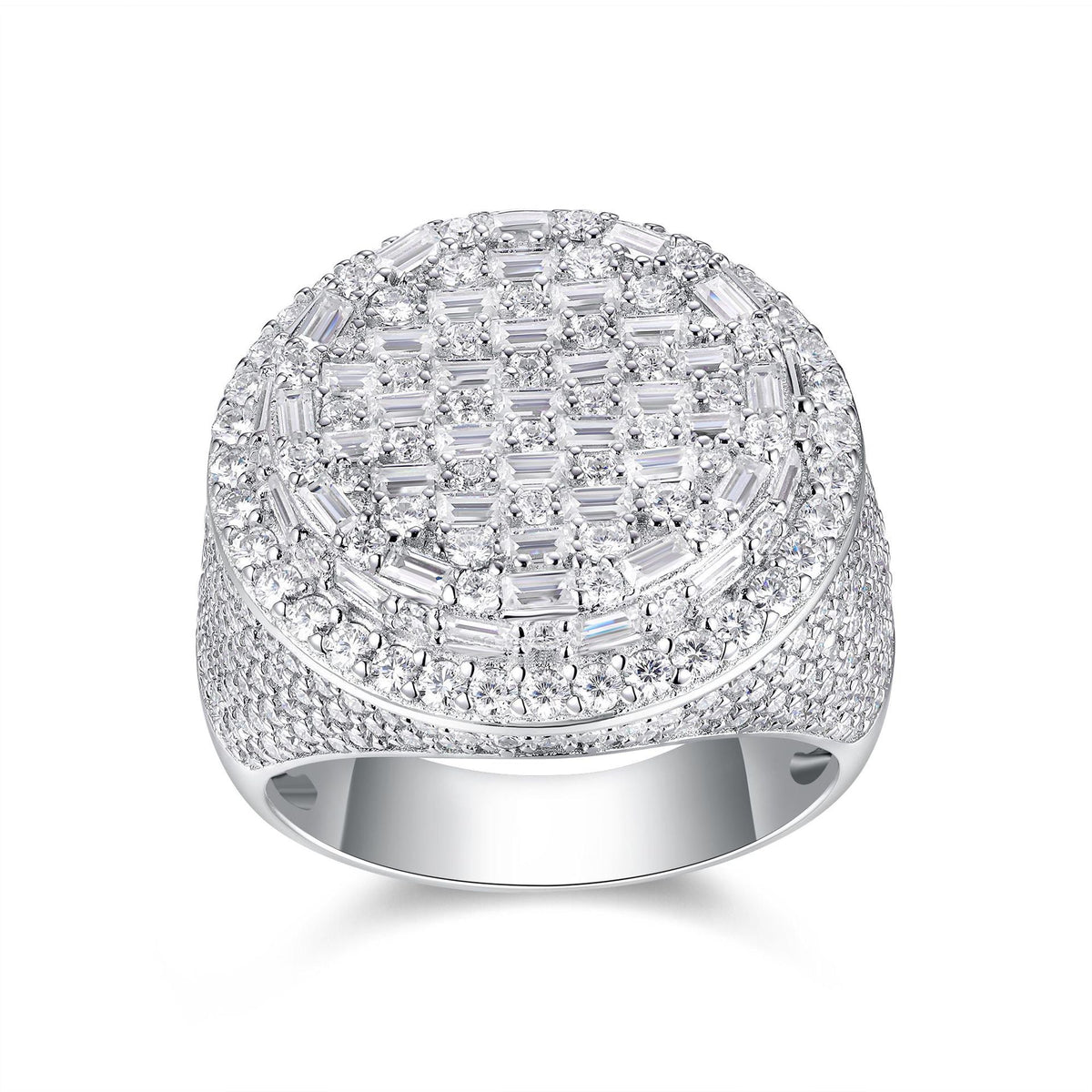 Silver-tone ring with a round stone-set face and decorated shoulders on white