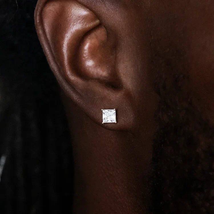 Princess-cut moissanite stud earring in a silver-tone setting