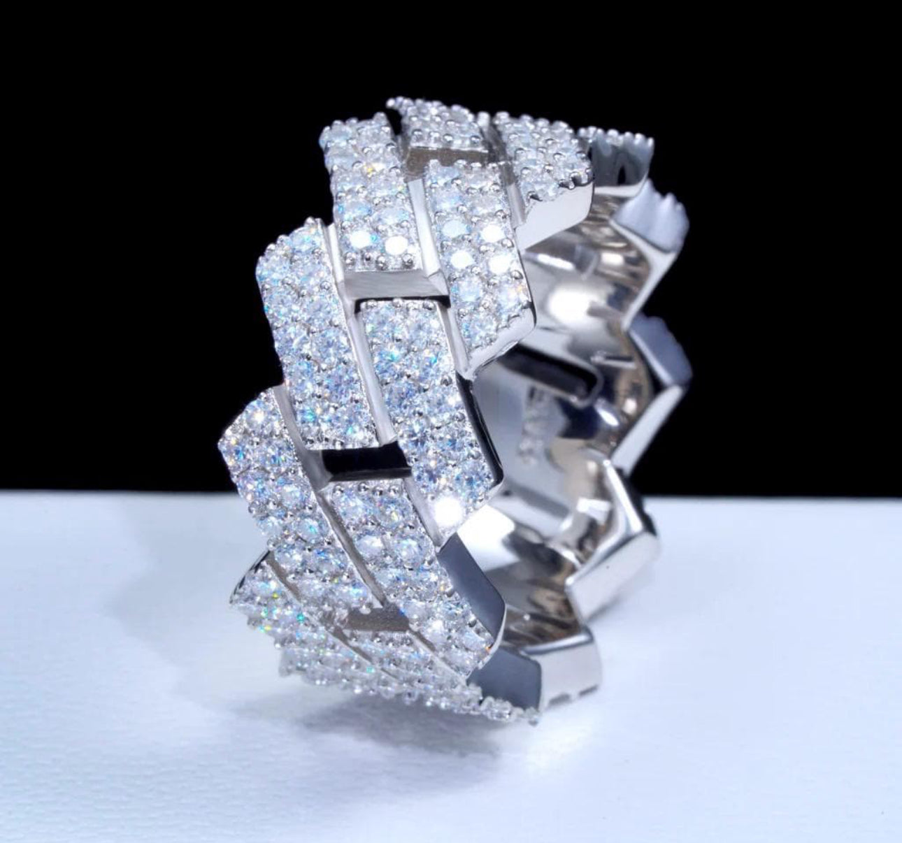 10mm iced Cuban link ring in a silver-tone color