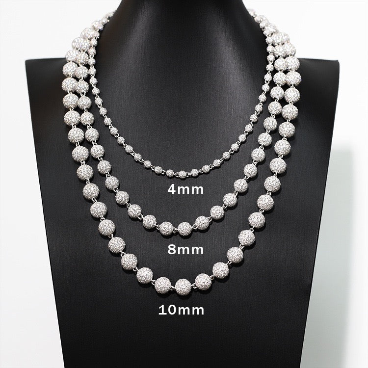 Silver-tone moissanite bead necklaces labelled 4mm, 8mm, and 10mm