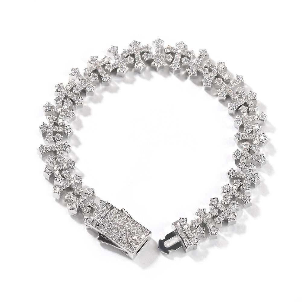 11.5mm iced cross Cuban chain in a silver-tone color