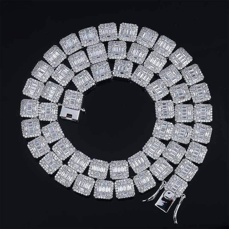 10mm iced square link necklace with baguette and pavé cubic zirconia detail