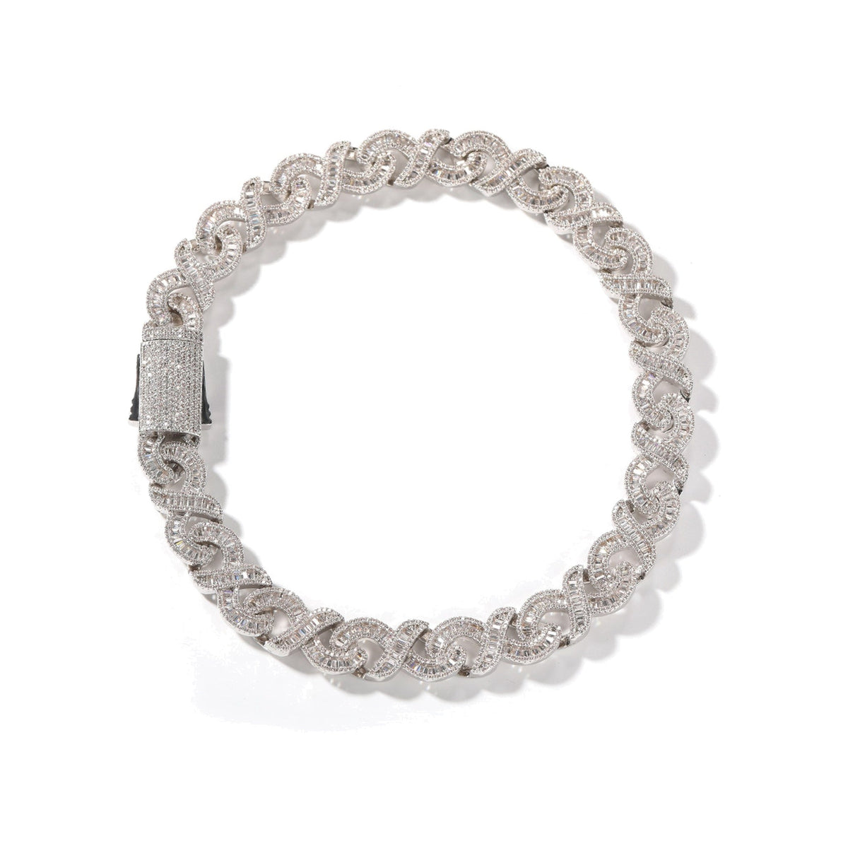 Silver 15mm baguette CZ infinity link bracelet on white