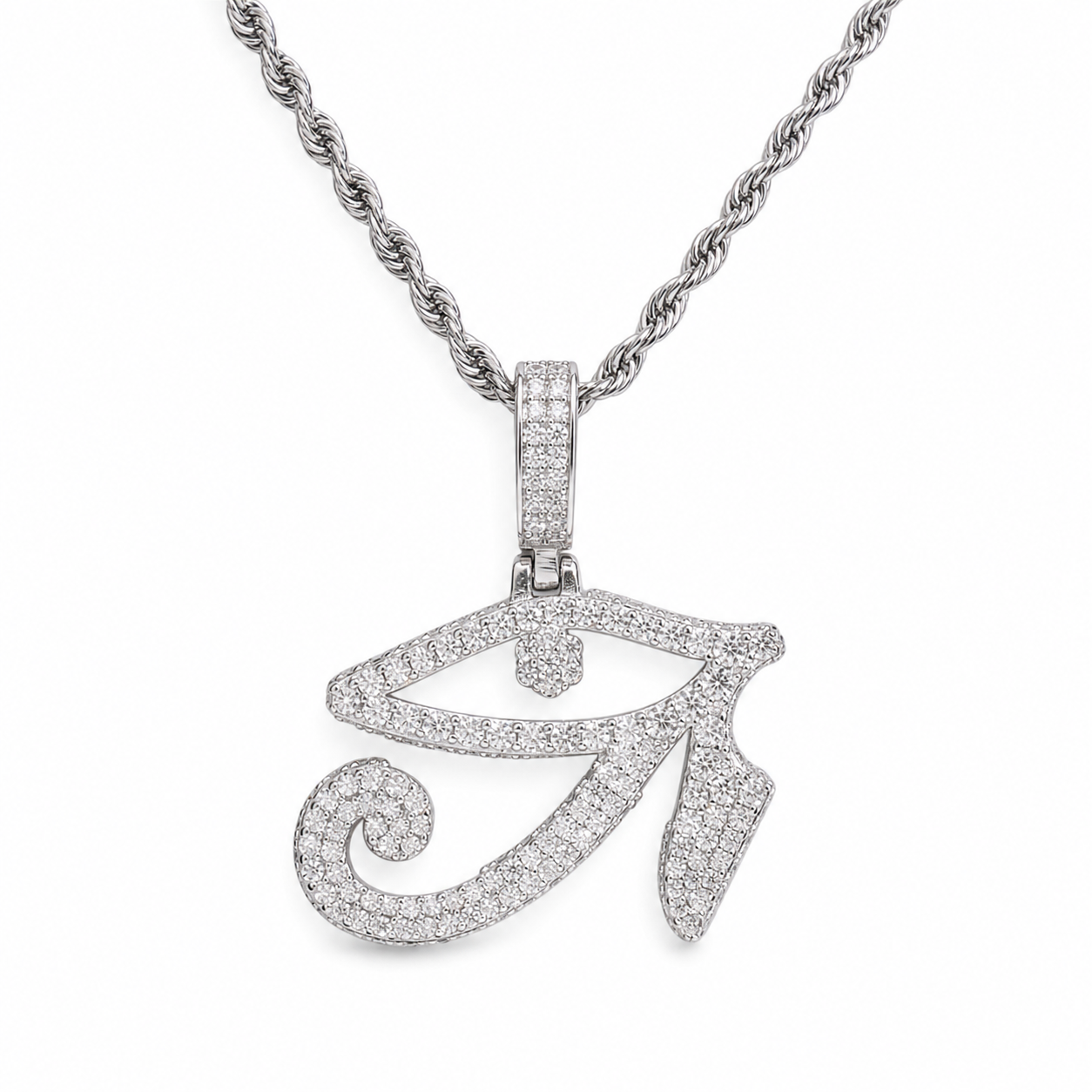 Silver-tone moissanite Eye of Horus pendant on a white background