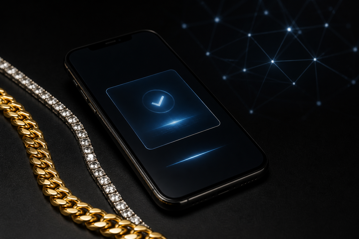Smartphone confirming a digital payment beside silver and gold chains