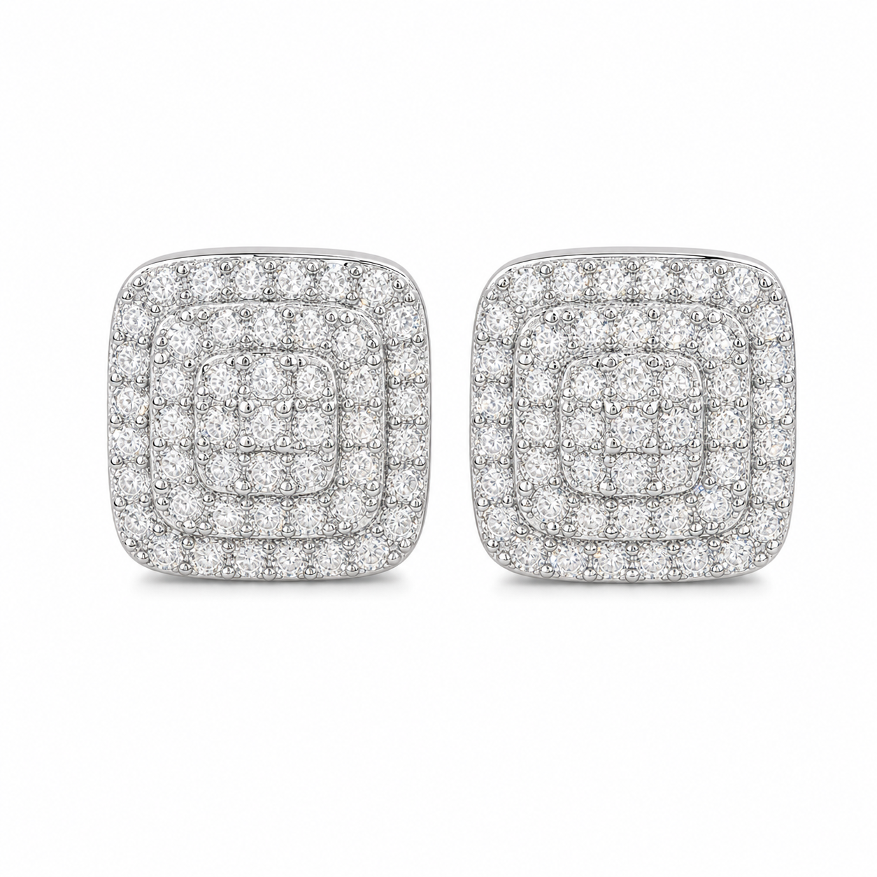Pair of silver-tone pavé square stud earrings on a white background
