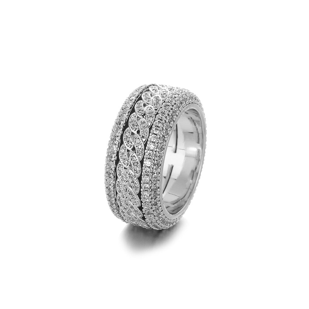 Silver-tone Cuban link ring with stone-set rims on white