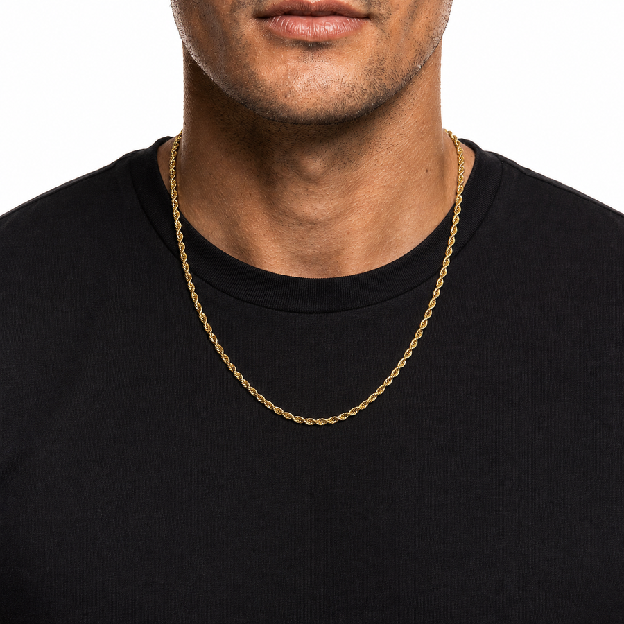 No-face model wearing gold titanium steel twist chain necklace on white background