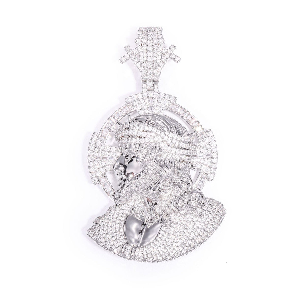 Silver iced 3D crown of thorns Jesus portrait pendant on white