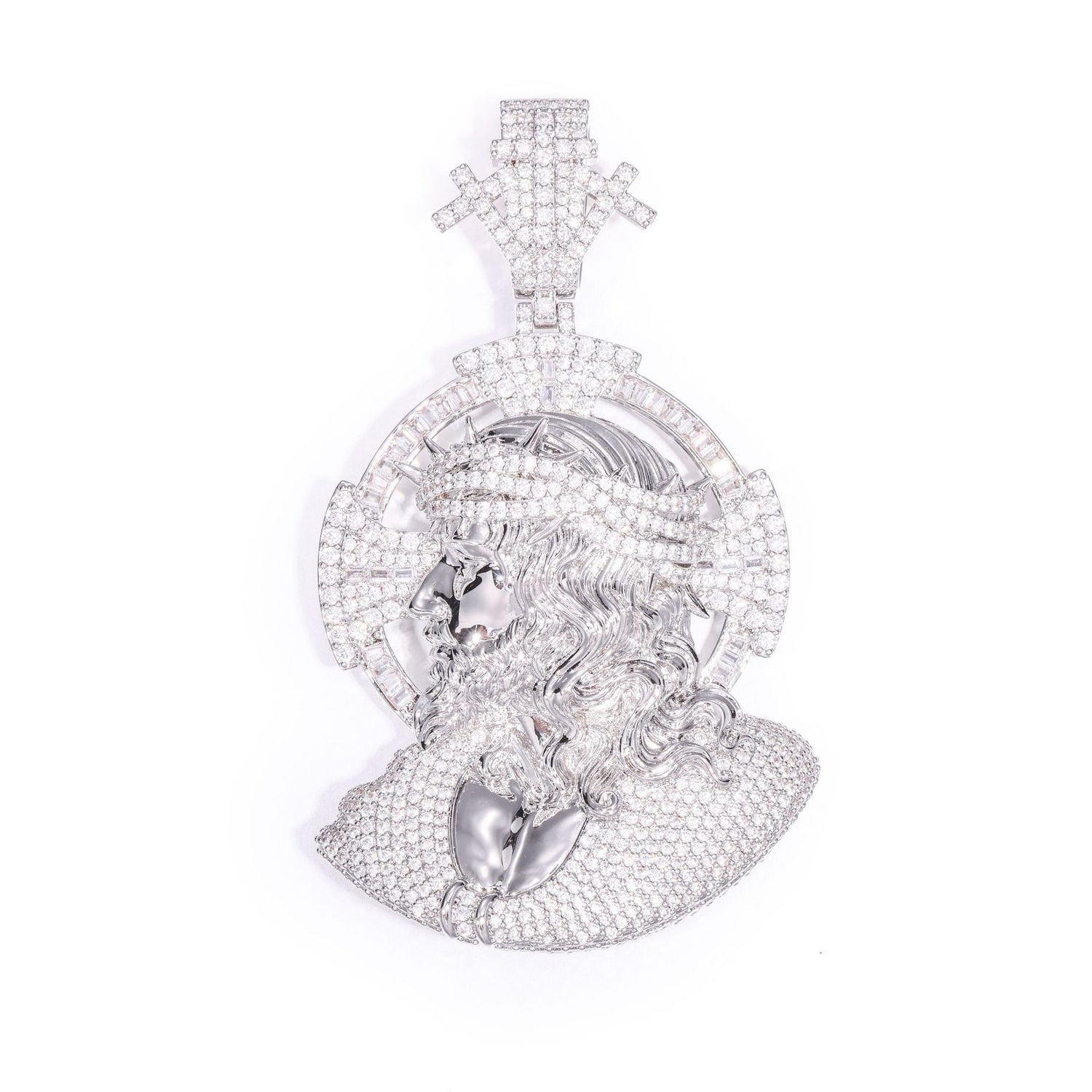 Silver iced 3D crown of thorns Jesus portrait pendant on white