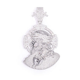Silver iced 3D crown of thorns Jesus portrait pendant on white