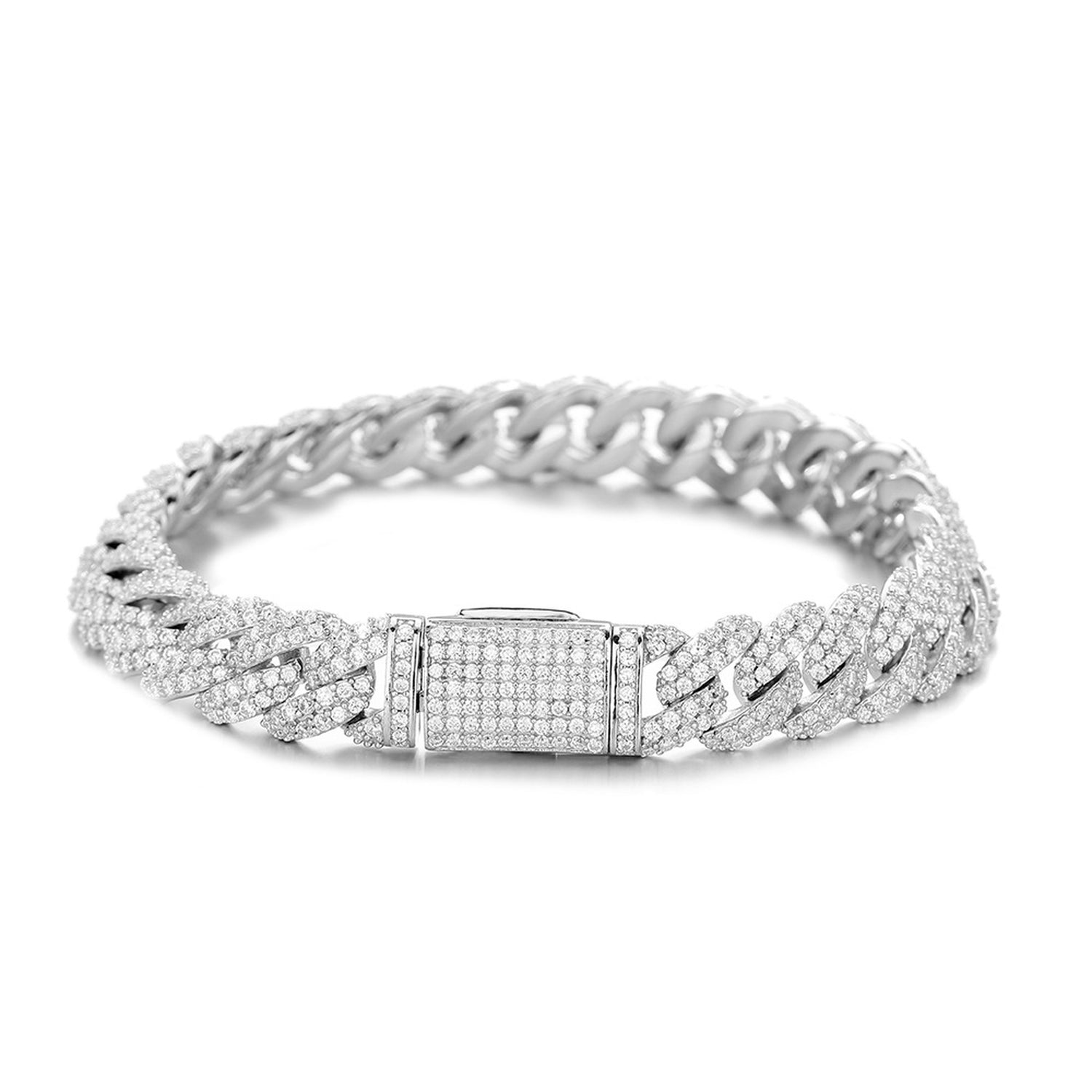 10mm platinum-plated moissanite Cuban bracelet on white