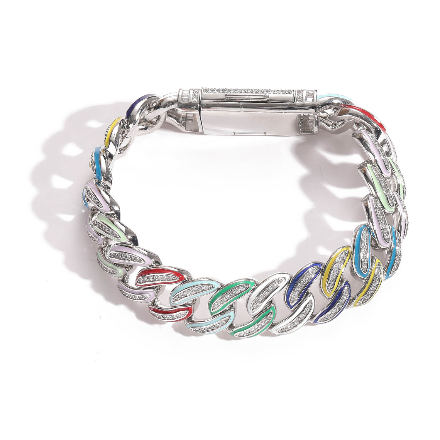Silver 15mm multicolor enamel iced Cuban bracelet on white