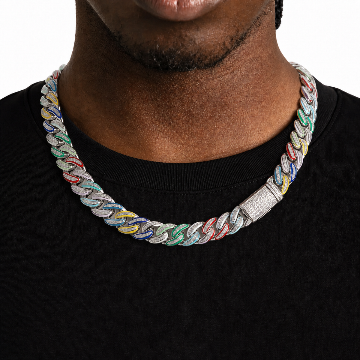 Silver 15mm multicolor enamel iced Cuban chain on model