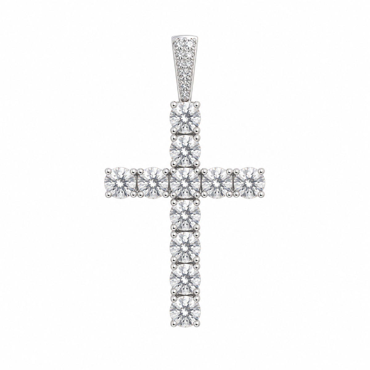Front view of 5mm moissanite cross pendant in silver finish