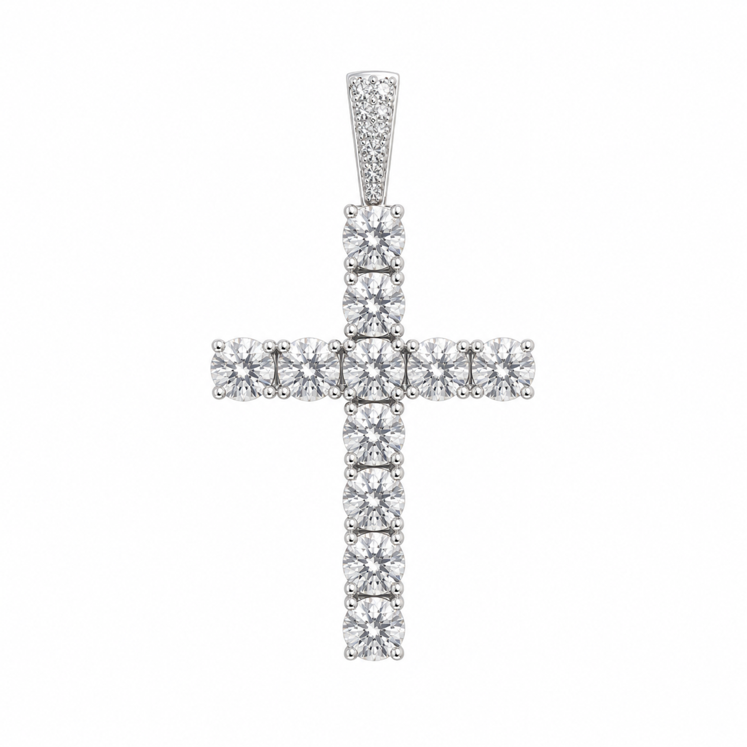 Front view of 5mm moissanite cross pendant in silver finish
