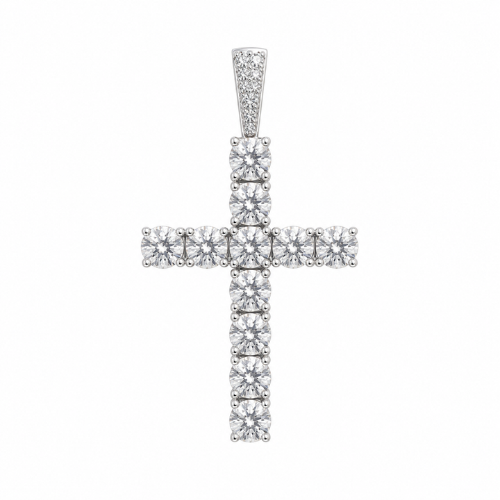 Front view of 5mm moissanite cross pendant in silver finish