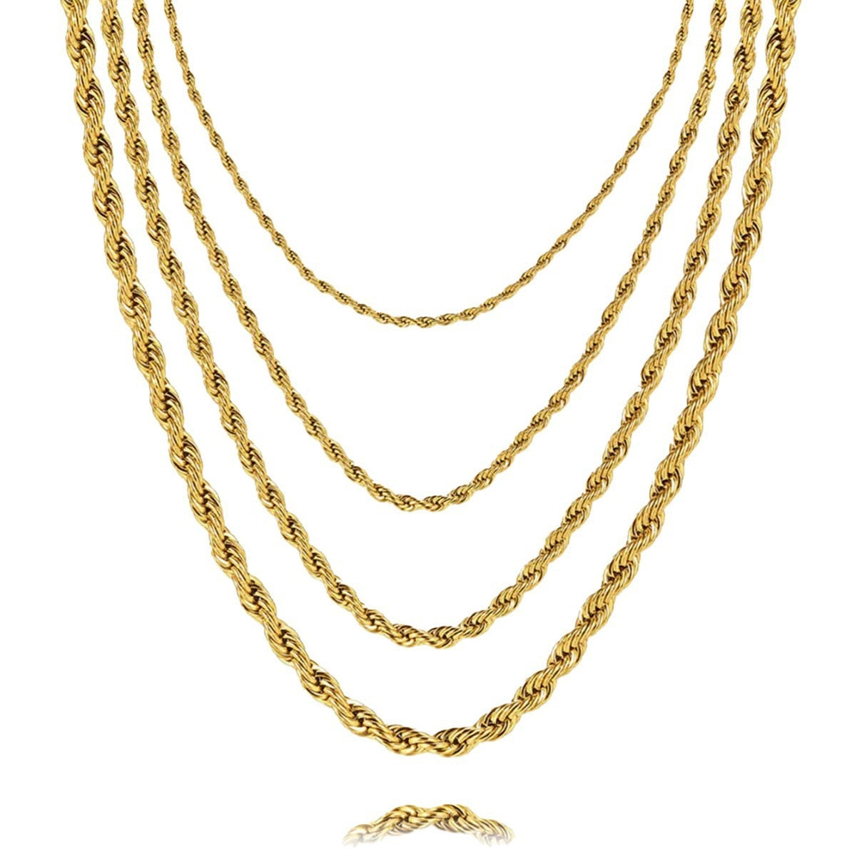 Gold titanium steel twist chain necklace width options on white background