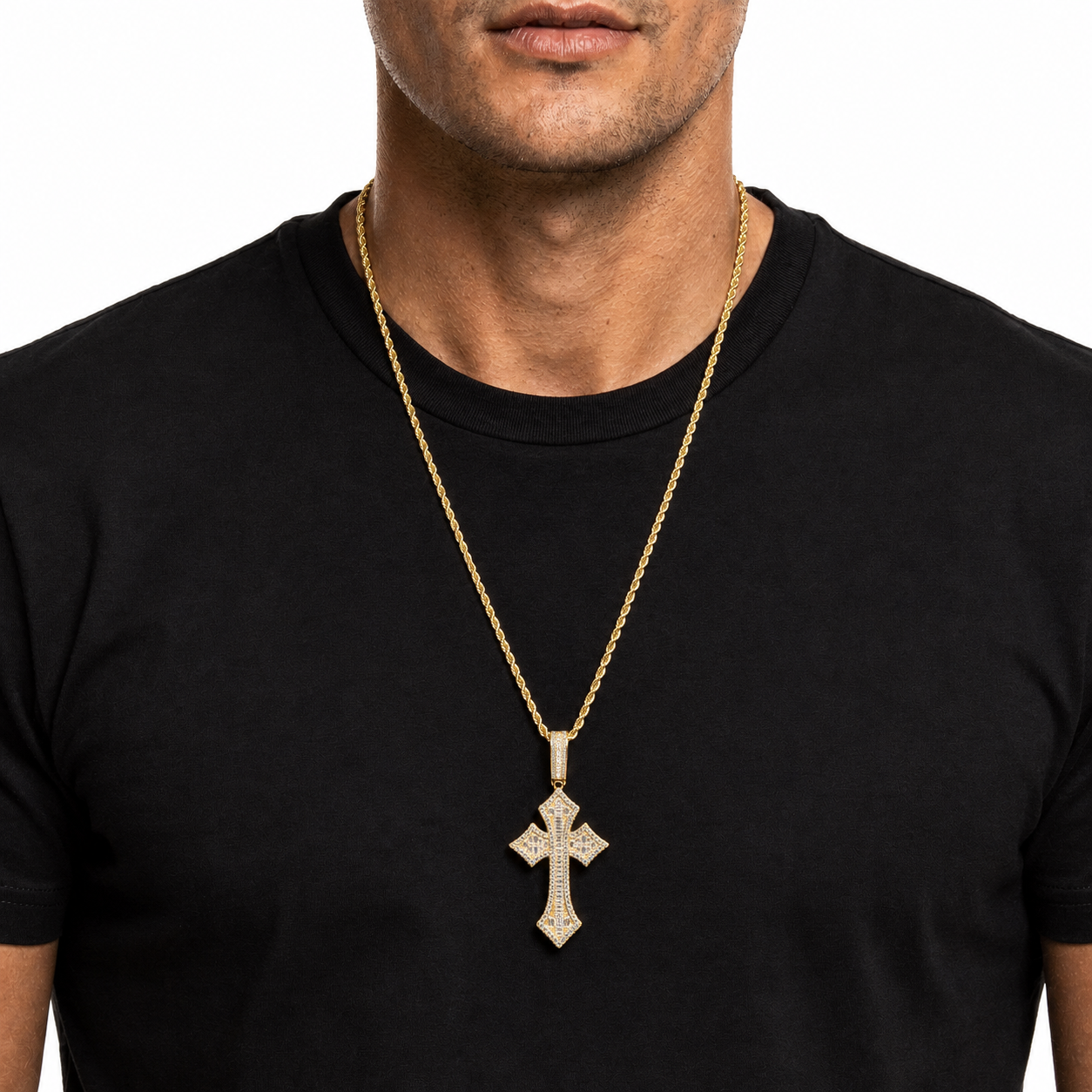 Gold iced cross pendant necklace on black shirt