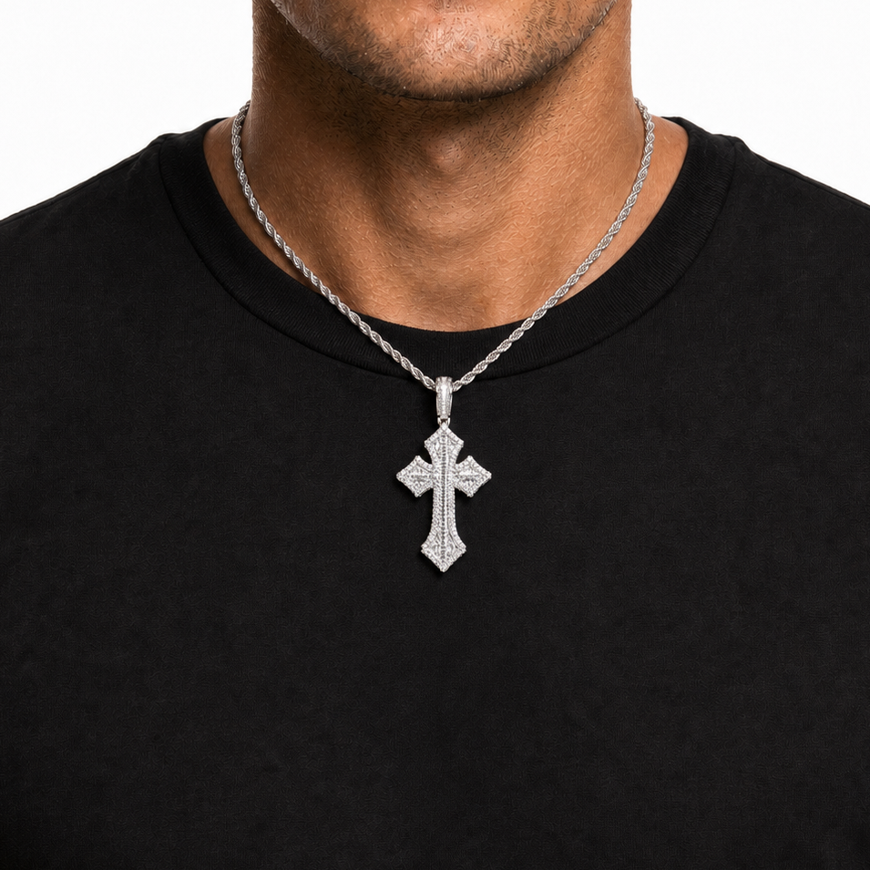 Silver iced cross pendant necklace just below collar