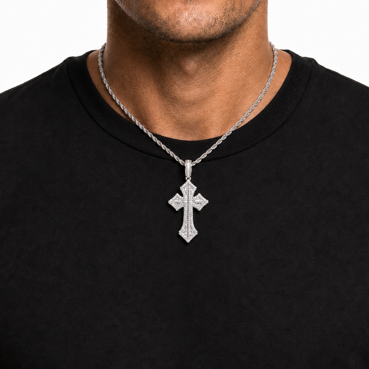 Silver iced cross pendant necklace just below collar