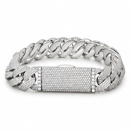 Silver-tone pavé Cuban bracelet on white showing its box clasp and smooth inner links