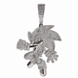 Silver-tone iced cartoon hedgehog pendant with clear stones on white