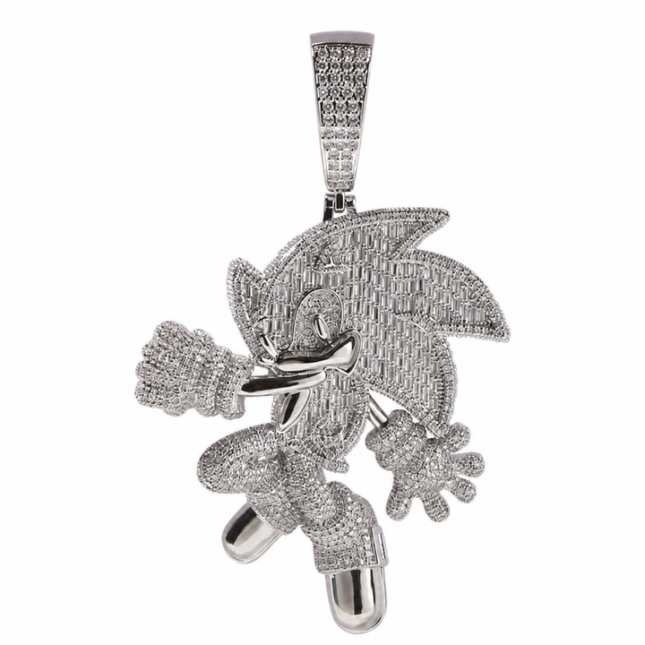 Silver-tone iced cartoon hedgehog pendant with clear stones on white