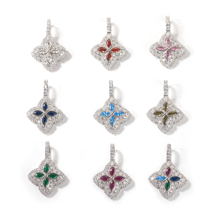Ten silver-tone four-leaf clover pendant color options arranged on white