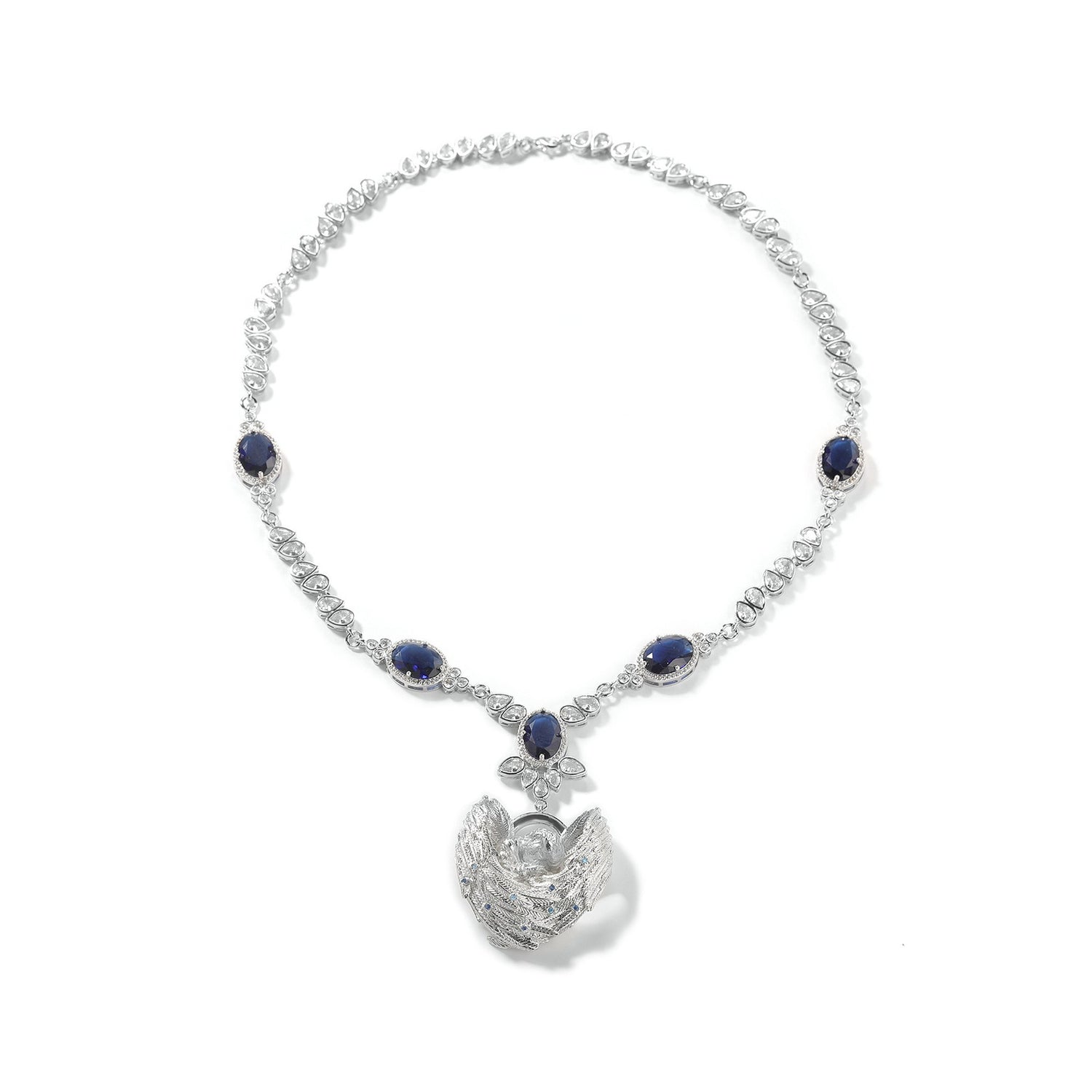 One-piece silver angel-wing Cupid necklace with five sapphire-blue cubic zirconia stones