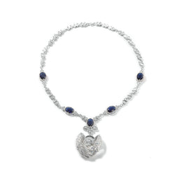 One-piece silver angel-wing Cupid necklace with five sapphire-blue cubic zirconia stones