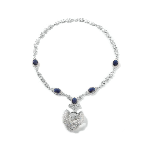 One-piece silver angel-wing Cupid necklace with five sapphire-blue cubic zirconia stones