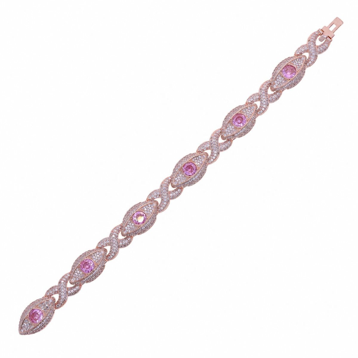 Rose-gold-tone evil eye bracelet laid diagonally, showing pink centers, infinity links and open clasp