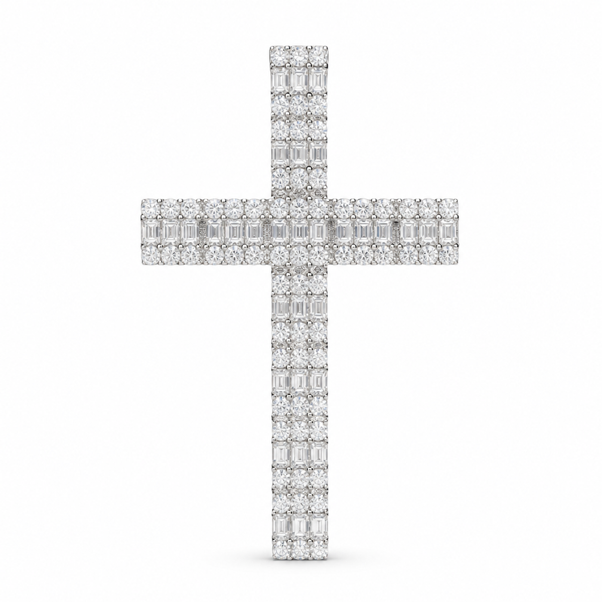 Silver iced moissanite cross pendant on white