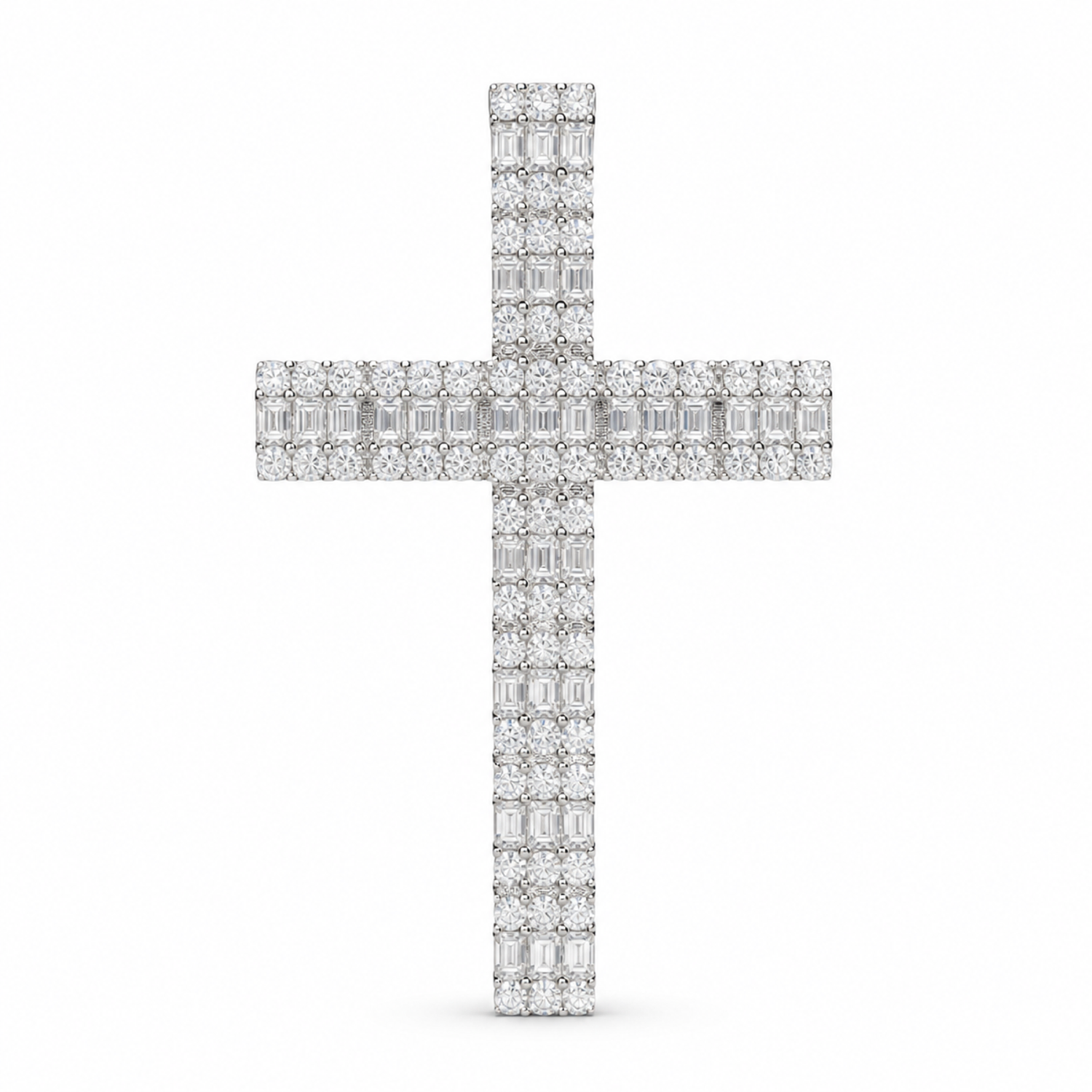 Silver iced moissanite cross pendant on white