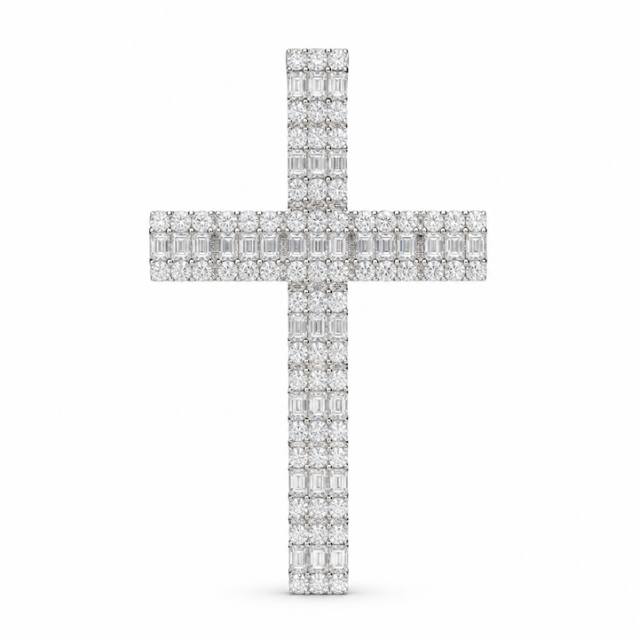 Silver iced moissanite cross pendant on white