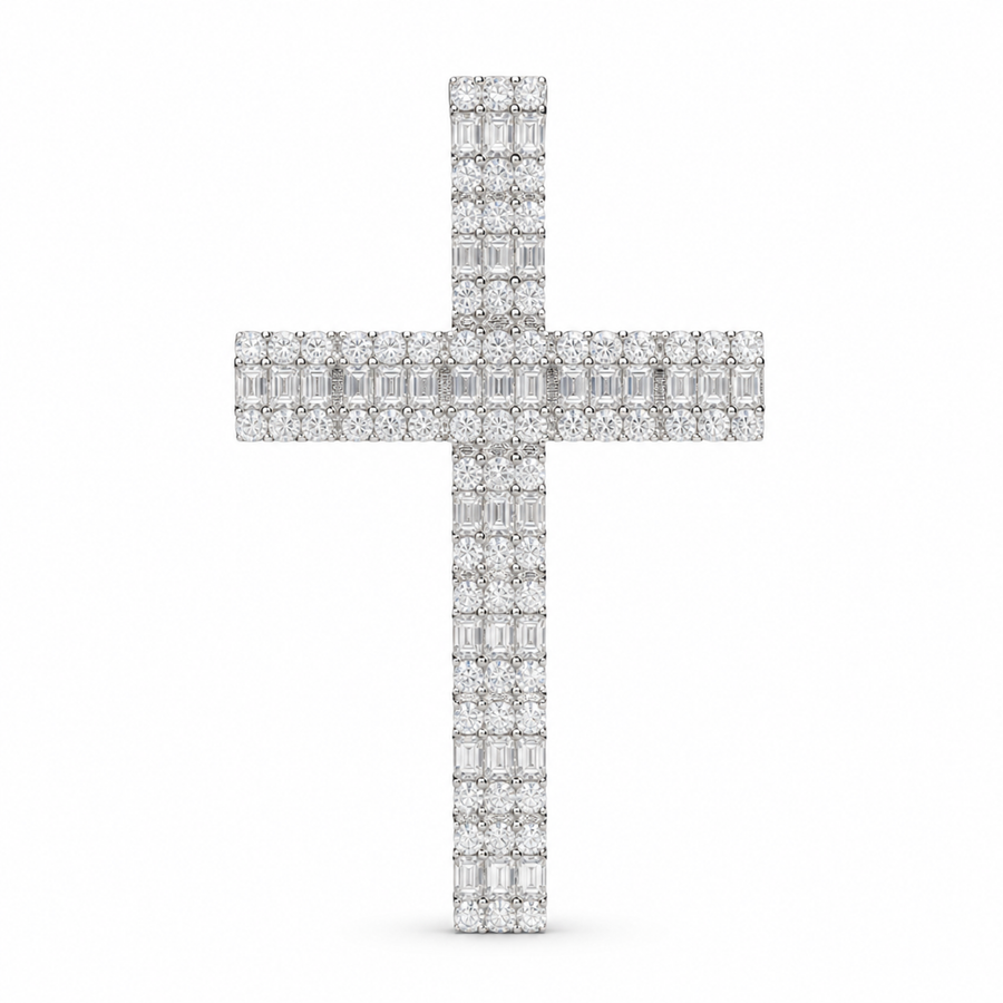 Silver iced moissanite cross pendant on white