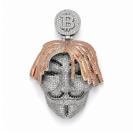 Iced mask pendant with Bitcoin bail and multicolor cubic zirconia on white