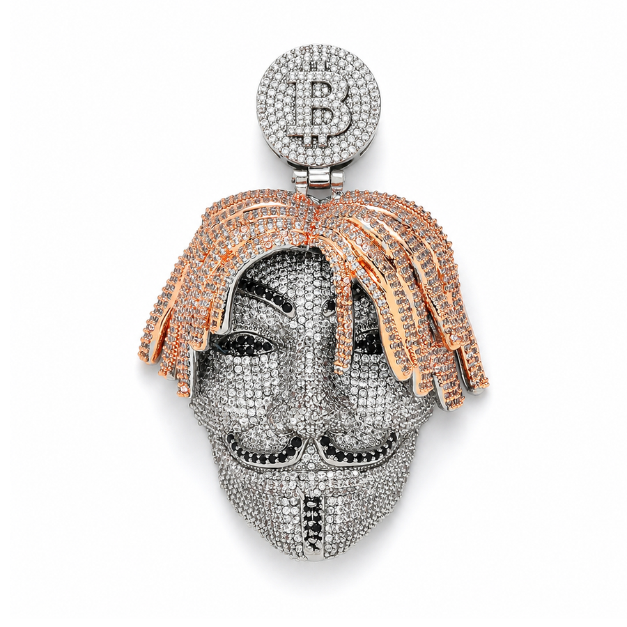 Iced mask pendant with Bitcoin bail and multicolor cubic zirconia on white