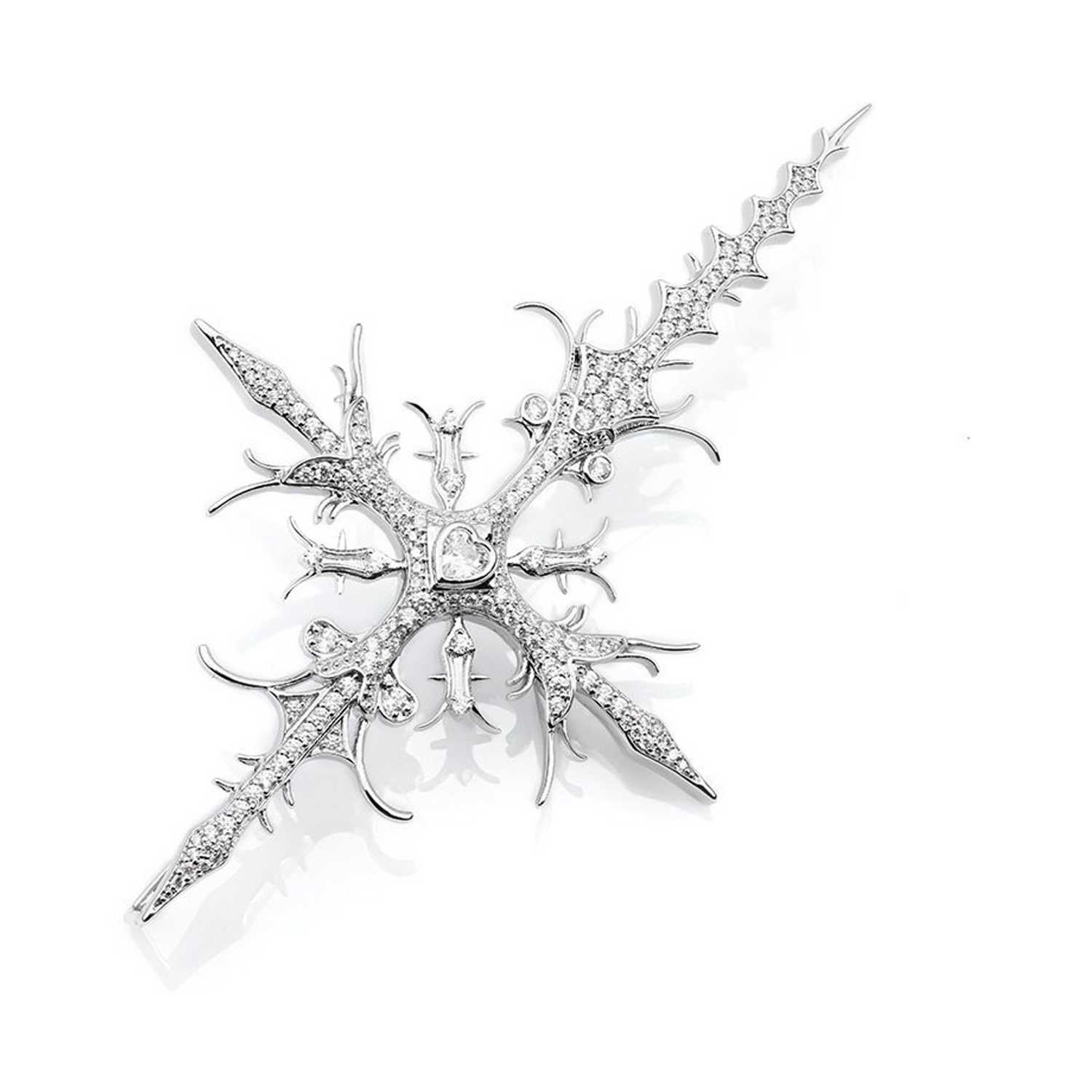 Silver iced dual-sided thorn cross pendant angled view on white