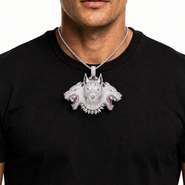 Silver iced Cerberus three-head pendant worn centered on a model