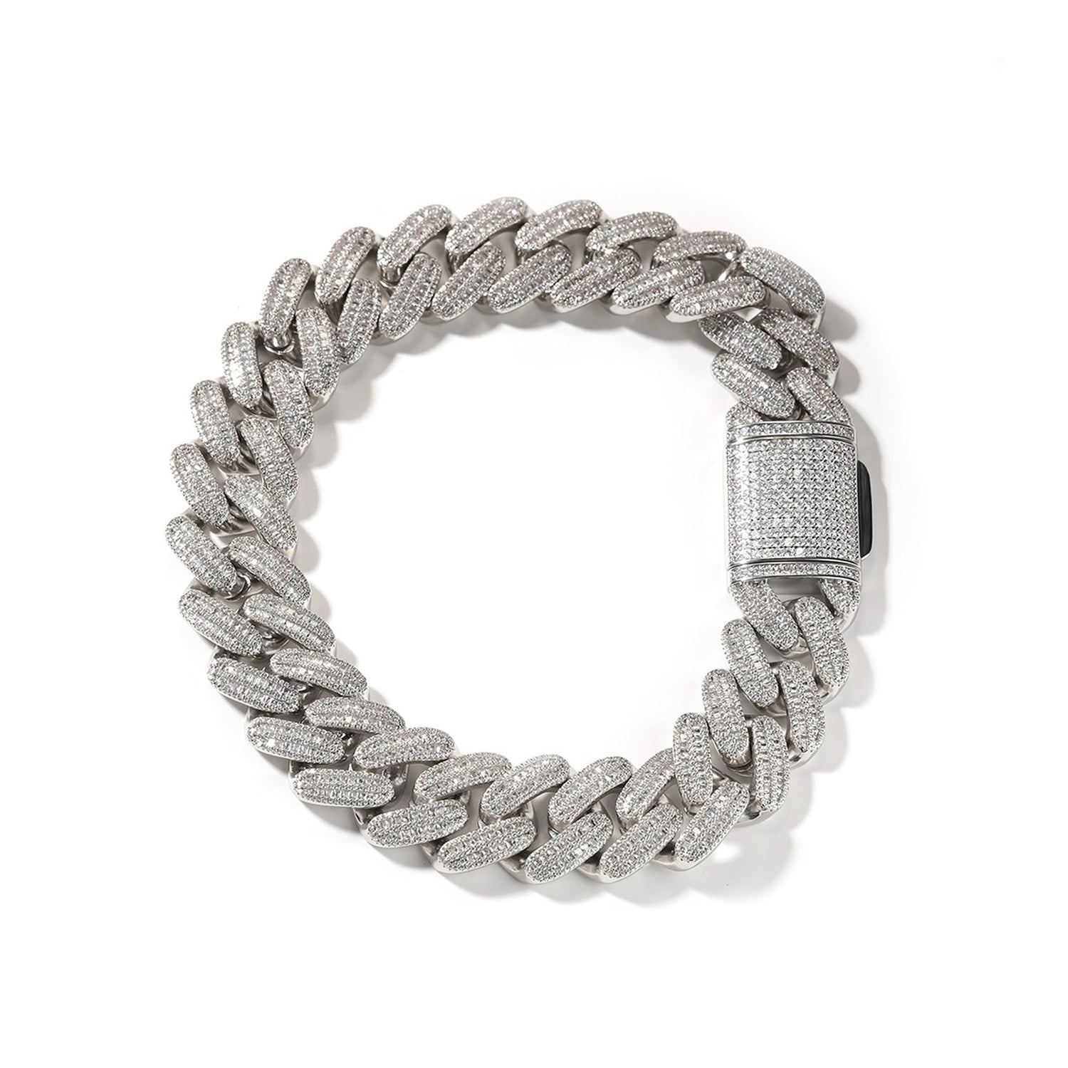 Silver 26mm iced baguette Cuban chain on a white background